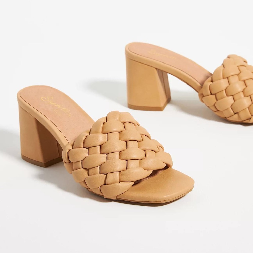 Seychelles Tan Faux Leather Woven Braided Strap Connoisseur Mule Sandal Heels